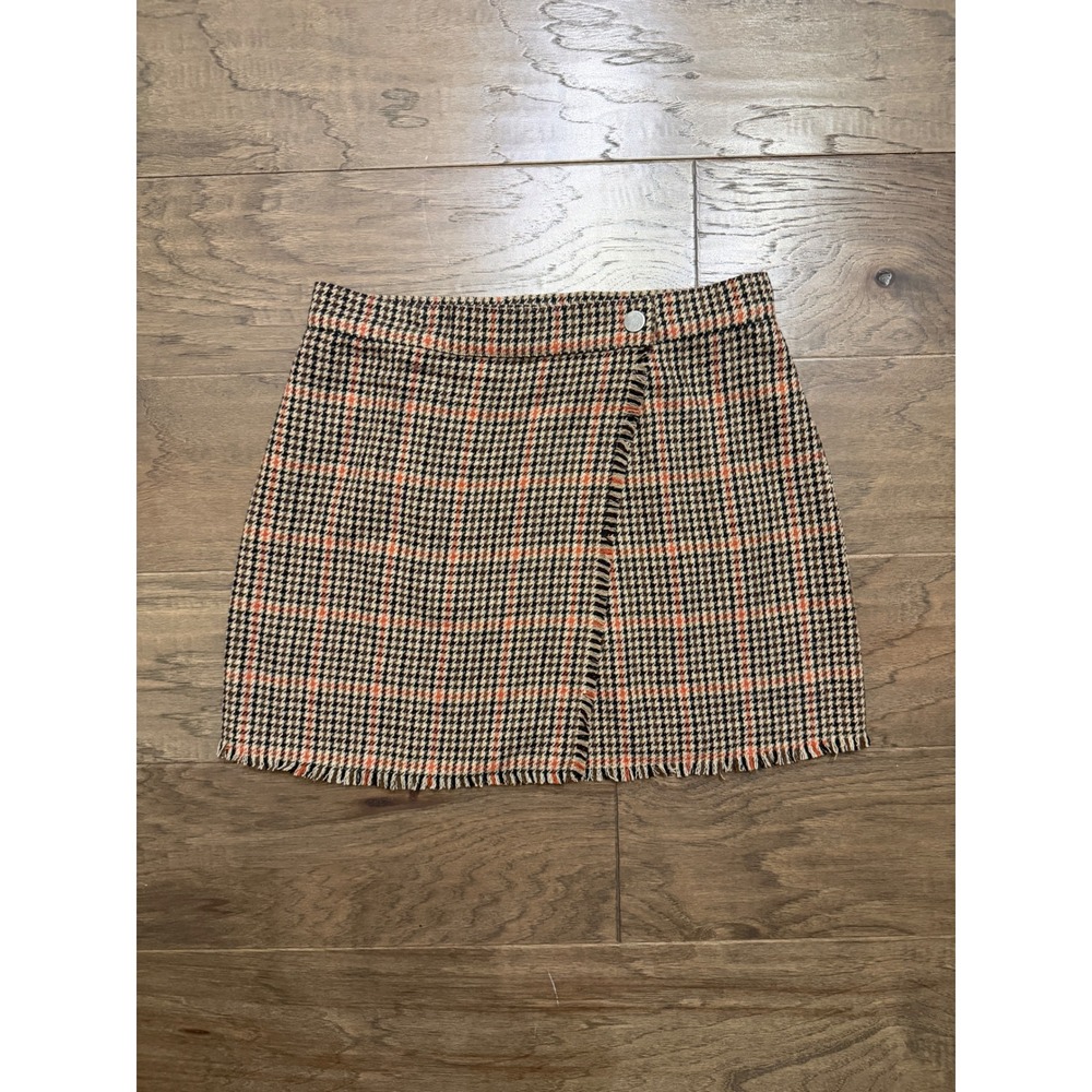 Urban Outfitters Mini Skirt Womens Medium Brown Plaid Wool Blend Wrap Frayed Hem